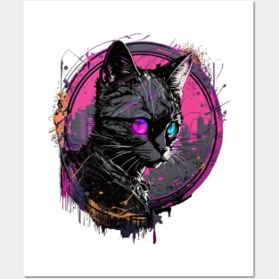 Neon Cat Cyberpunk Design Posters and Art